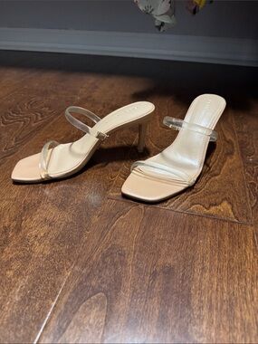 BCBG Nude Square-Toe Heeled Sandals with Clear Straps